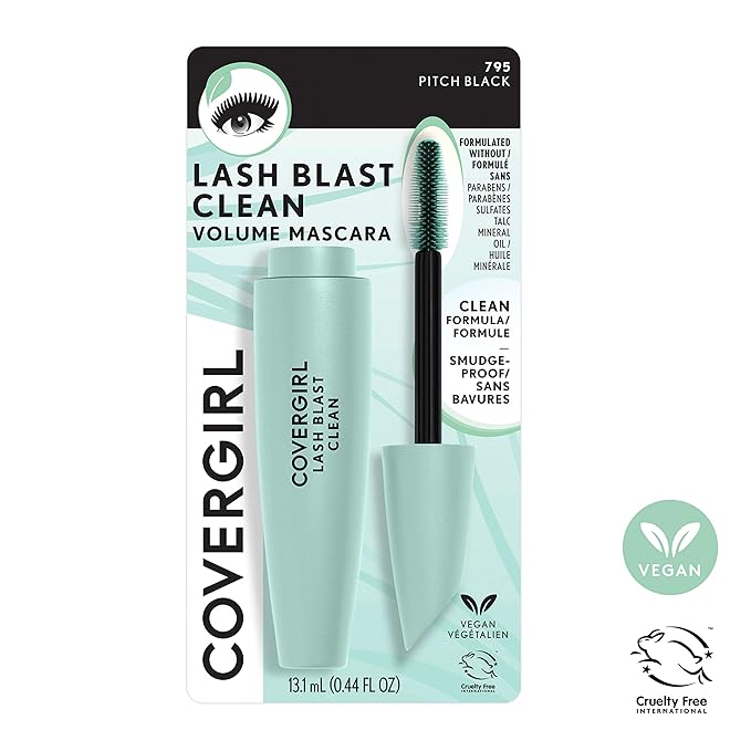 CoverGirl Lash Blast Clean Volume Mascara, Vegan Formula, Volumizing, Smudge-Proof, Cruelty Free, Pitch Black, 1 Count