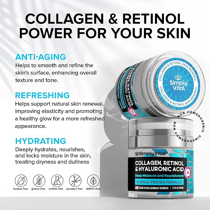 SimplyVital Collagen Face Moisturizer - Anti-Aging Retinol Cream for Face, Neck & Décolleté with Hyaluronic Acid - Made in USA, Daily Moisturizer Face Cream, 2-Pack-VivaGrace Women