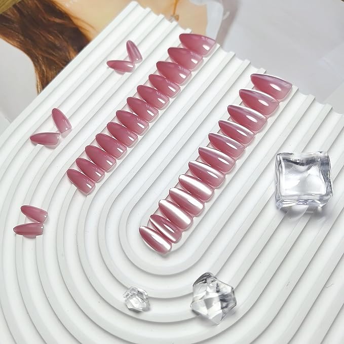 KQueenest Cat Eye Dark Pink Press on Nails Almond Shape, Glitter Fake Nails Medium, Thick Sparkly Glass Nails Press on, Shiny Acrylic Nails, Cute Bling Stick on Nails for Women, 30 Pcs
