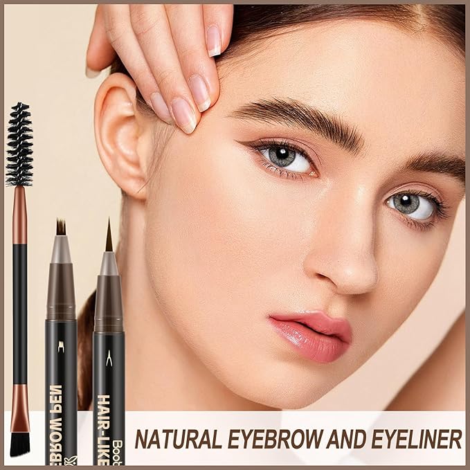 Boobeen 2pcs Waterproof Eyebrow Pen,Dual-Ended Eyeliner Microblading Eyebrow Pencil for Women,Long Lasting Hair-Like Brow Pen with Brow Brush,Dark Brown-VivaGrace Women