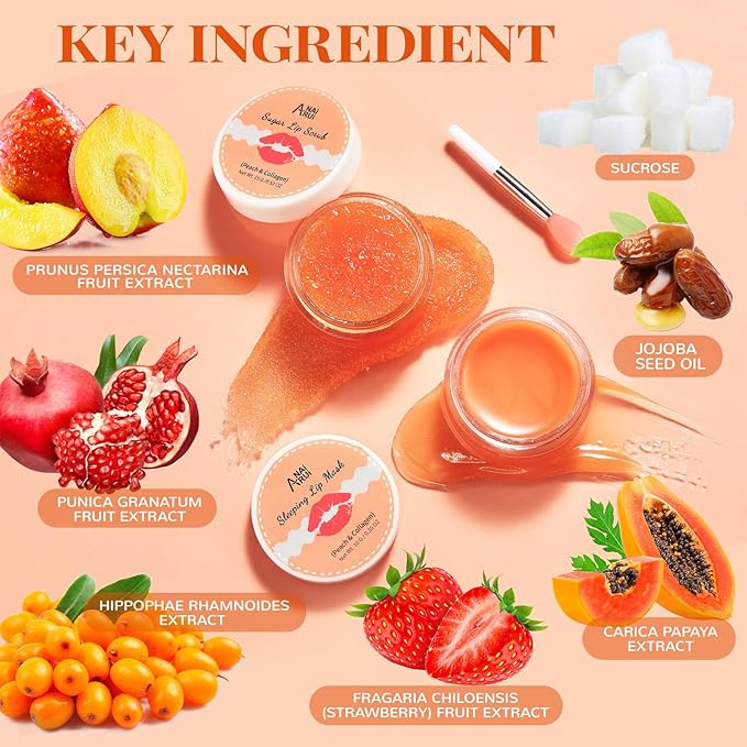 ANAI RUI Lip Balm Mask & Lip Scrub Set, Lip Care Kit, Overnight Lip Treatment with Lip Sleeping Mask & Sugar Lip Exfoliator Scrub, Lip Moisturizer for Dry, Chapped, Dark Lips, Reduce Fine Lines, Peach-VivaGrace Women