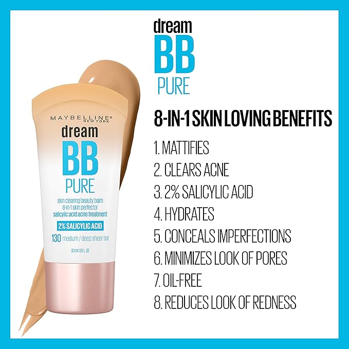 Maybelline Dream Pure Skin Clearing BB Cream, 8-in-1 Skin Perfecting Beauty Balm With 2% Salicylic Acid, Sheer Tint Coverage, Oil-Free, Medium, 1 Count-VivaGrace Women