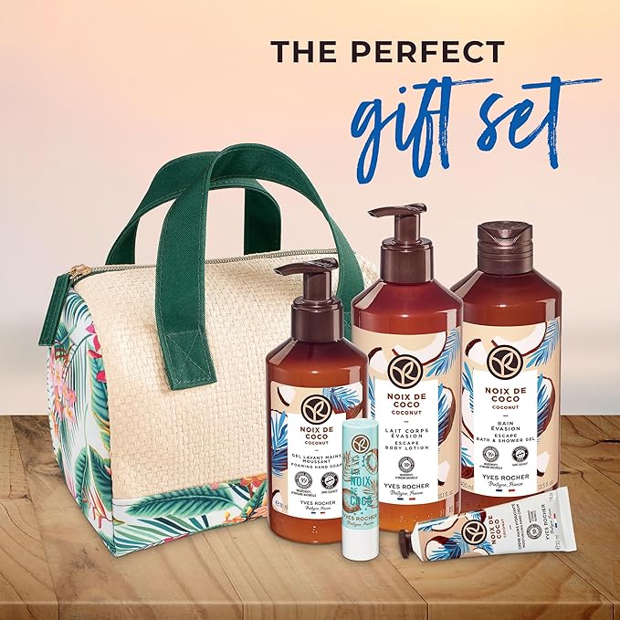 Yves Rocher Bain de Nature Coconut 6-Piece Gift Set, Shower Gel, Hand Cream, Body Lotion, Lip Balm, Hand Soap & Vanity Bag, 6 Items-VivaGrace Women