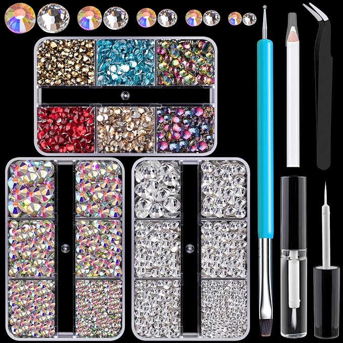 Colorful Face Gems for Makeup Set, Flatback Gorgeous AB+Clear+Mixed-colored Gem with Makeup Glue, Picker Pencil, Makeup Glue, Dual-End Dotting Tool, Tweezer for Eye Body Hair Make-up and Nail Art Deco-VivaGrace Women