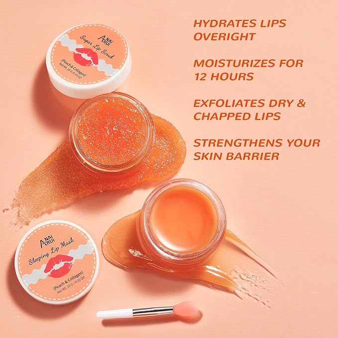 ANAI RUI Lip Balm Mask & Lip Scrub Set, Lip Care Kit, Overnight Lip Treatment with Lip Sleeping Mask & Sugar Lip Exfoliator Scrub, Lip Moisturizer for Dry, Chapped, Dark Lips, Reduce Fine Lines, Peach-VivaGrace Women