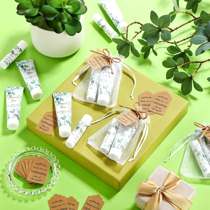 200 Pcs Baby Shower Wedding Party Favors Gift Set, 50 Pcs Baby Shower Hand Cream and 50 Lip Balm for Wedding Bridesmaid Guests Gift Supplies with 50 Organza Bag 50 Thank You Tag(Eucalyptus)-VivaGrace Women