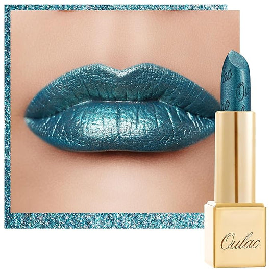 Oulac Metallic Green Lipstick for Women with Metallic 3D Shine, Lightweight Hydrating Formula, High-Impact Lip Color, Vegan Beauty, Full Coverage Lip Makeup, Turquoise (20)-VivaGrace Women
