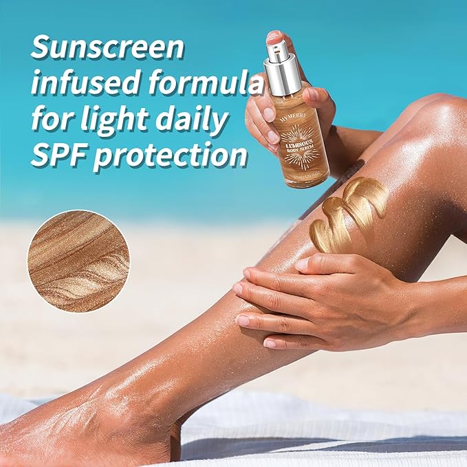 Body Shimmer Oil, Suncreen 50ml Liquid Highlighter Bronzer Body Glitter Oil Long Lasting Moisturizing Makeup Lotion Illuminate Serum Glow Shimmer Skin 1.7 Fl Oz(Bronze Gold #02)