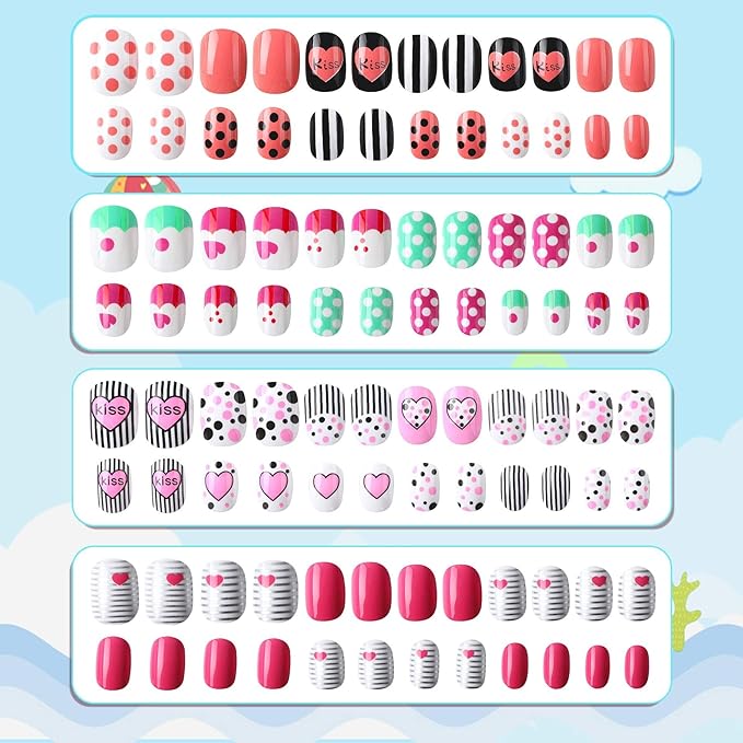 JANYUN 96 Pcs Children False Nails Valentine's Day Short Fake Stick on Nails Kit for Girls Stick on Nails