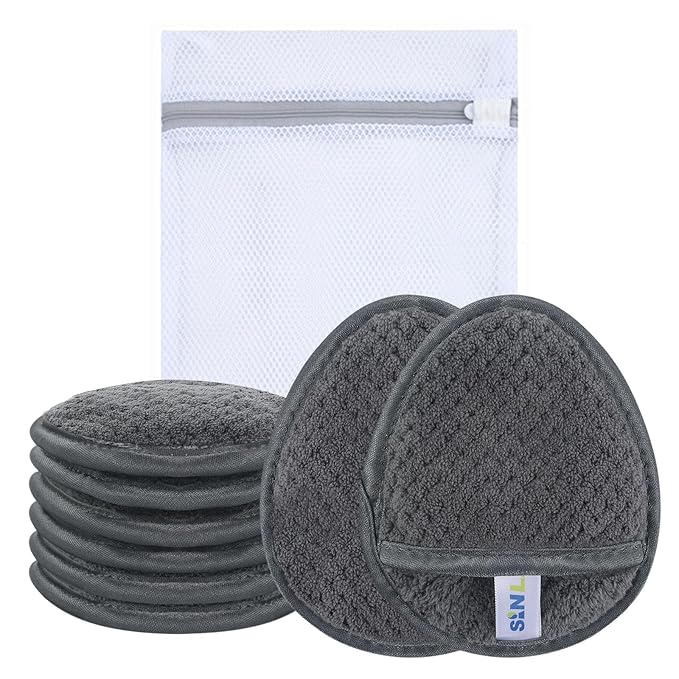 SINLAND Reusable Makeup Remover Pads For Face,Eye,Lips Microfiber Gentle Facial Cleansing Cloths for All Skin Types Friendly for Makeup Remover With Laundry Bag 5.1inchx3.93inch Gray Pack of 6