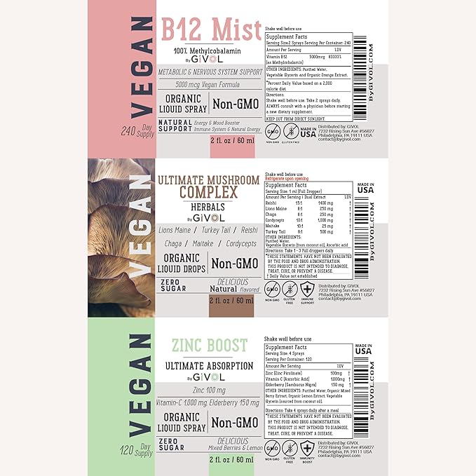 Cognitive Wellness Bundle Liquid Vitamin Trio: Methylcobalamin B12, Lions Mane, Reishi, Chaga Mushroom Complex & Zinc Picolinate: Gluten-Free, Sugar-Free, Non-GMO - 360 Days Supply-VivaGrace Women