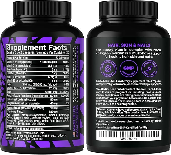 Biotin and Collagen Supplements with Keratin 25000 mcg - Hair Skin & Nails Vitamins with Collagen Keratin B Complex - Made in USA - Biotin for Hair Growth Women & Men Support Skin & Nails, 60 Capsules-VivaGrace Women