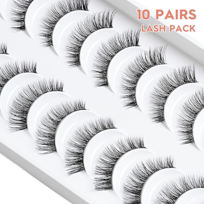 Lashes Wispy False Eyelashes Cat Eye Lashes Natural Look 3D Volume Fake Eyelashes Thin Band Lashes 12mm Natural Eye Lashes C Curl Siligli Lashes Pack 10 Pair-VivaGrace Women
