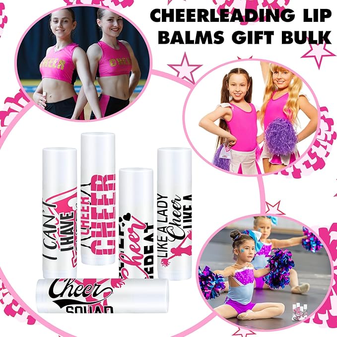 50 Sets Cheer Gifts Bulk 50 Cheer Lip Balm Bulk Moisturizing with 50 Organza Drawstring Gift Bags 50 tags Cheerleader Gifts Cheer Gifts Bulk for Team (Pink)-VivaGrace Women