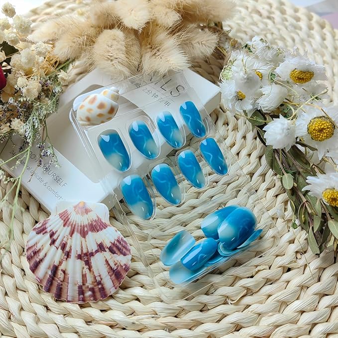 Blue Press on Nails Medium Length Almond Fake Nails Blue Gradient Marble Glue on Nails Summer Acrylic Nails Glossy False Nails Reusable Artificial Stick on Nails for Women Girls Manicure 24Pcs