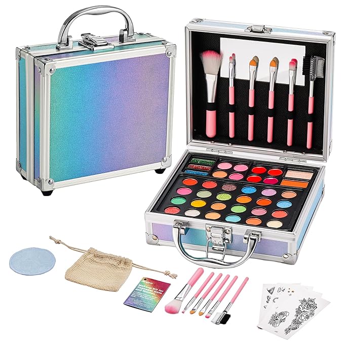 Anpro All-In-One Makeup Carry Case with Pro Teen Makeup Set, Full Starter Cosmetics Kit with Makeup Brushes, Eye Shadows Palette, Blushes, Glitter Gel, Temporary Tattoo Stickers - Blue-VivaGrace Women