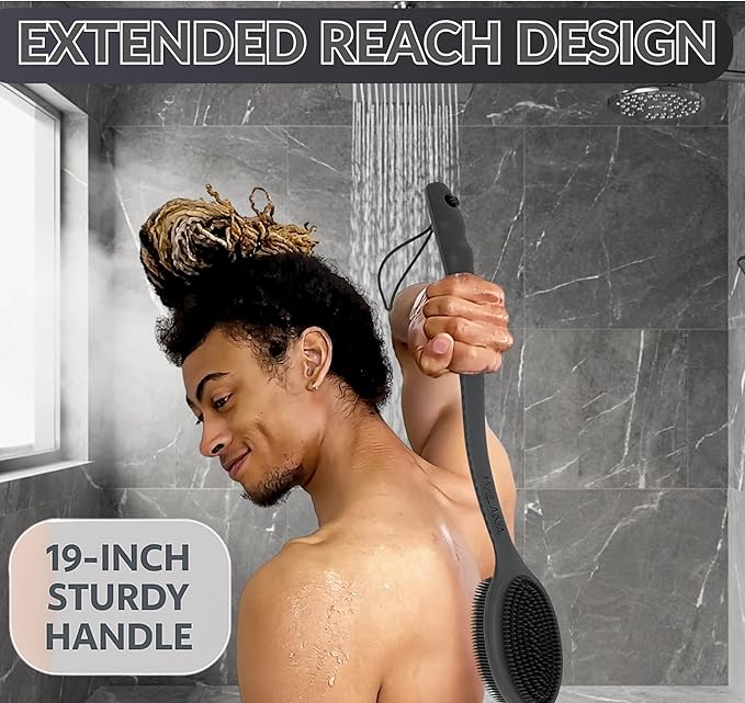 Avilana Silicone Body Scrubber – Gentle Shower Brush & Loofah Alternative- Food Grade & Lab Tested – Fast-Drying, Hygienic, BPA-Free Silicone Body Gentle Exfoliator (Dark Gray, Long Handle)-VivaGrace Women