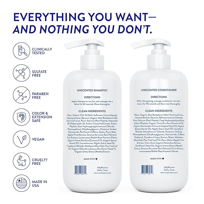 Routine Wellness Shampoo and Conditioner Set and Hair Serum for Thinning Hair - DHT Blocker Women & Men - Color Safe Shampoo for Hair Loss & Hair Growth - Unscented Set + Serum-VivaGrace Women