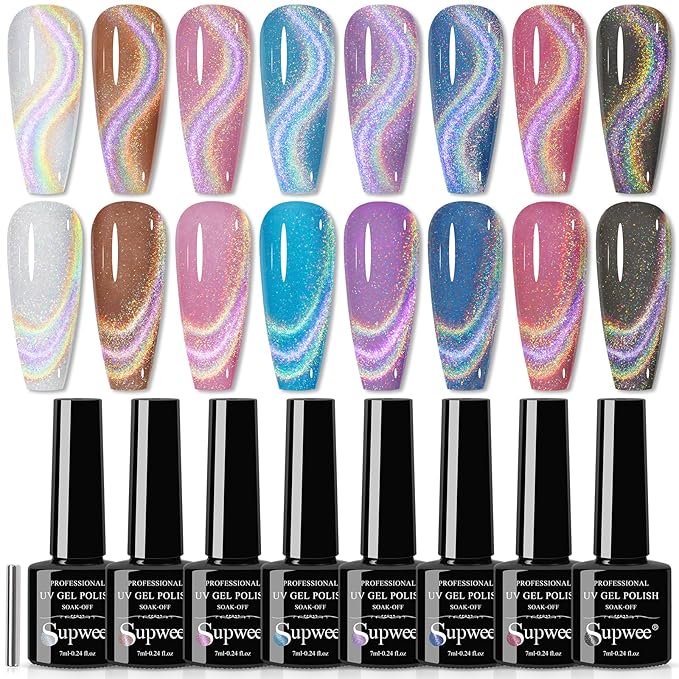 Rainbow Cat Eye Nail Gel Polish Set Sparkle Holographic 9D Cat Eye Gel Polish Laser Glitter Cat Eye Nail Polish Gel Magnetic Gel Soak Off Lamp Gel Varnish Nail Salon Kit (0.24fl oz)