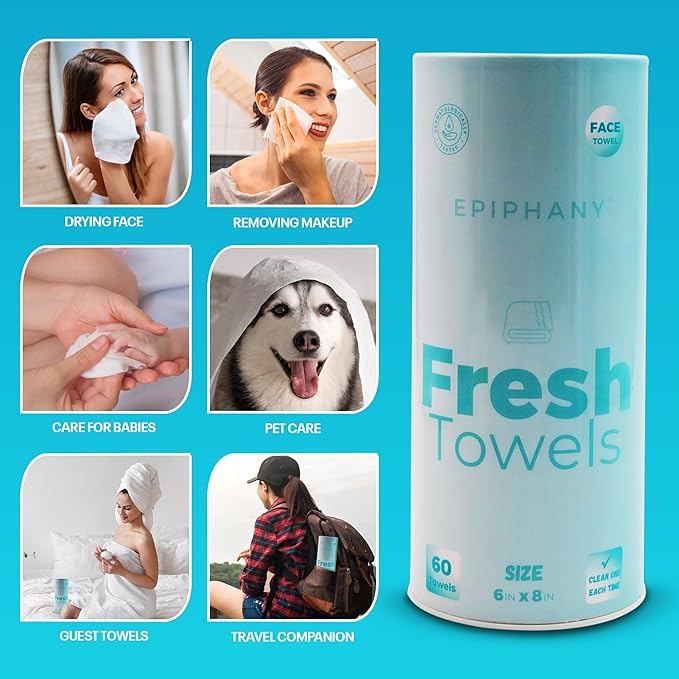 Epiphany Fresh Towels, Dry Disposable Face Towels – 60 Cotton-Feel Clean Tissues for Skin Care. Lint-Free Makeup Remover Cloths. 6x8 Inch Biodegradable Face Wash Cloths, Gentle on All Skin Types