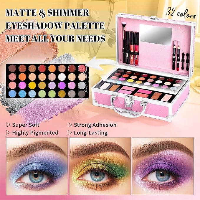 Beginner Makeup Kit for Teen,Makeup Gift Set for Girl Women,Beginner Makeup Kit with Cosmetic Train Case Included 32 Colors Eyeshadow Blusher Contour Lip Gloss Lip Liner Mascara Eyeliner Mirror-VivaGrace Women