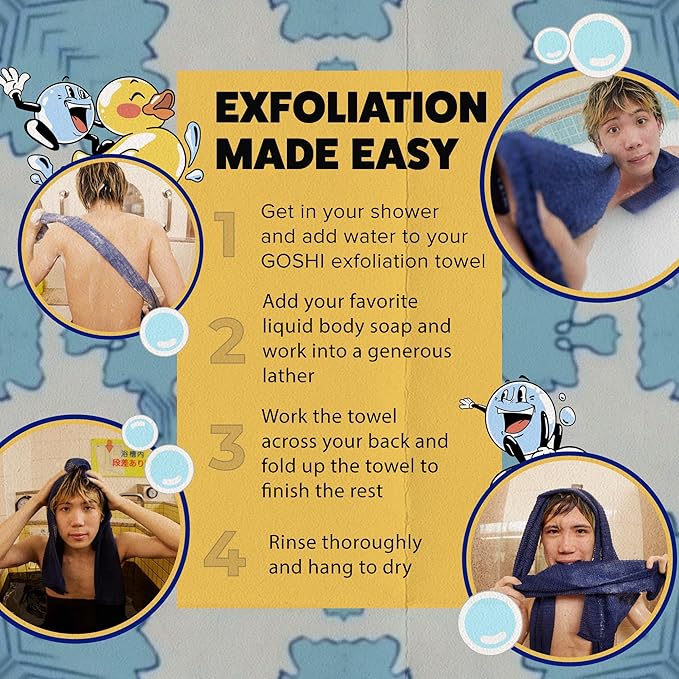 GOSHI Exfoliating Shower Towel - Rip-Resistant Exfoliating Washcloth for All Skin Types - Indigo Blue - Made in Japan-VivaGrace Women