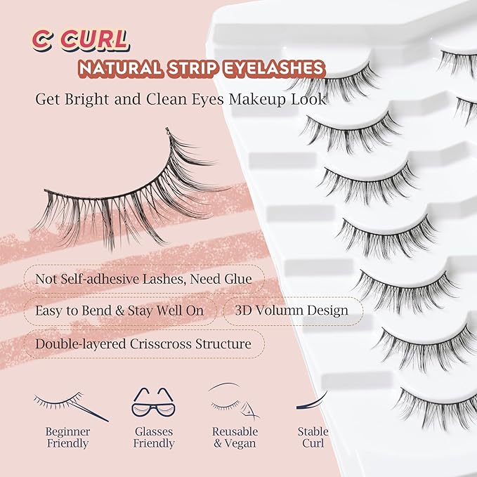 Manga Lashes Natural False Eyelashes 10MM Short Anime Lashes Thin Band Korean Lashes 3D Volume Strip Lashes Wispy Manhua Eyelashes 7 Pair Asian Lashes Siligli-VivaGrace Women