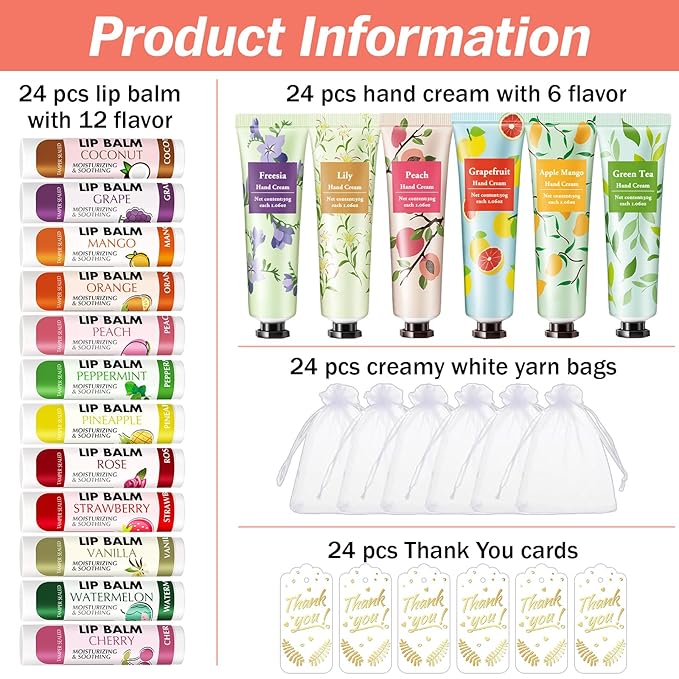 AZEN 24 Sets Hand Cream Bulk and Lip Balm Bulk Set, Bridal Shower Gifts for Guests, Thank You Gifts for Coworkers Women Men with Organza Bag Thank You Card, Bridal Wedding Favors for Guests-VivaGrace Women