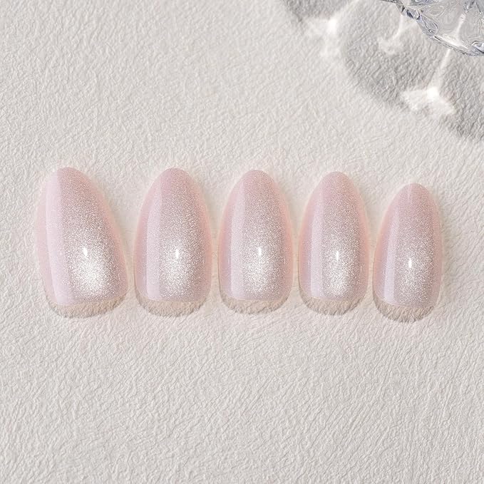Cat Eye Press on Nails Short Almond, Nude Pink Press on Nails Almond, Fashion Gel Fake Nails, Reusable Acrylic Fake Nails, Glossy Stick on Nails for Women, Glue on Nails Kit, Nebula Blush