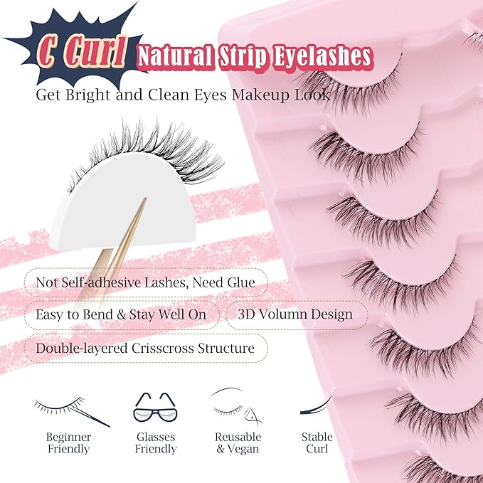 Cat Eyelashes Natural Eye Lashes 12mm False Lashes Wispy Thin Band 3D Volume Fake Eyelash C Curl Lash Pack Natural Look 7 Pair-VivaGrace Women
