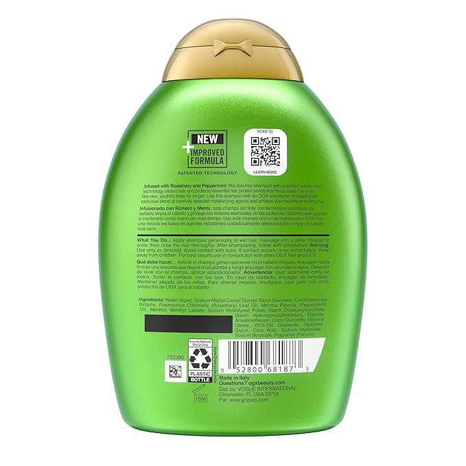 OGX Clarifying Strength + Rosemary Mint Shampoo, Clarifying Shampoo for Oily Hair Visibly Helps Remove Oil & Residue to Clear Away Buildup, Sulfate-Free Surfactants, 13 fl. oz-VivaGrace Women
