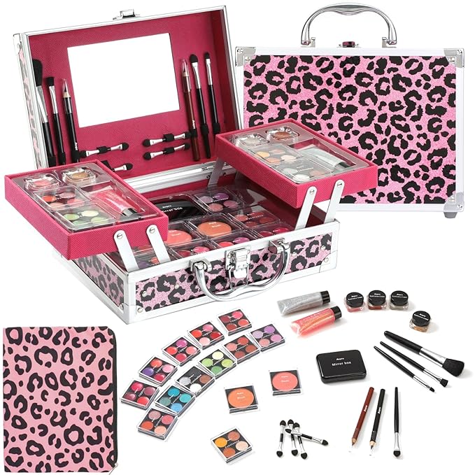 Anpro All-In-One Leopord Double Folding Makeup Carry Case with Pro Teen Makeup Set, Full Starter Kit with Makeup Brushes, Lipsticks, Eyeshadow Palette, Blushes, Glitter Gel, Ideal Present for Girls-VivaGrace Women