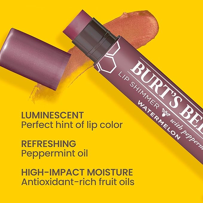 Burt's Bees Shimmer Lip Tint Easter Basket Stuffers, Tinted Lip Balm Stick, Moisturizing for All Day Hydration with Natural Origin Glowy Pigmented Finish & Buildable Color, Watermelon (4-Pack)-VivaGrace Women