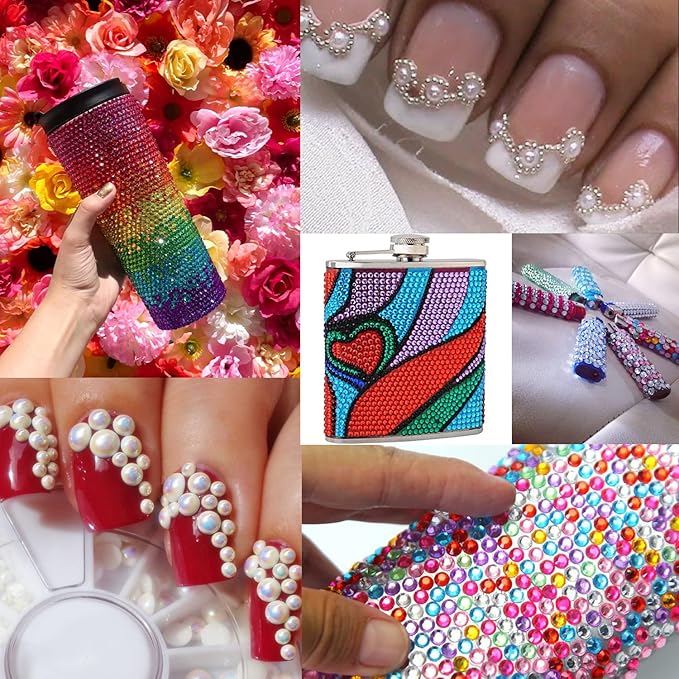 Flat Back Rhinestone+Half Round Pearl Kits Colorful Rhinestones+White AB&Beige AB Pearls With Quick Dry Makeup Glue+Picker Pencil+Tweezer For Nail Art And Face Make-up-VivaGrace Women