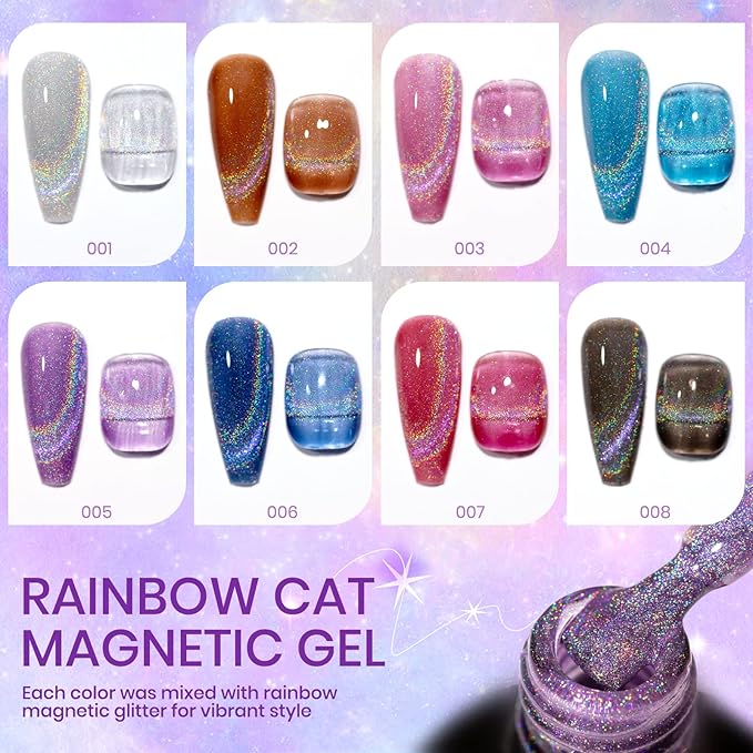 Rainbow Cat Eye Nail Gel Polish Set Sparkle Holographic 9D Cat Eye Gel Polish Laser Glitter Cat Eye Nail Polish Gel Magnetic Gel Soak Off Lamp Gel Varnish Nail Salon Kit (0.24fl oz)