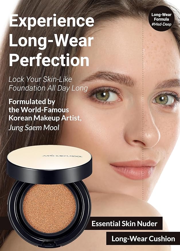JUNG SAEM MOOL Essential Skin Nuder Longwear Cushion 0.98 Fl Oz (Medium Deep), Refill Included, 24H lasting Cushion Foundation with High Coverage, Semi-Matte Natural Finish, Korean Foundation Makeup-VivaGrace Women