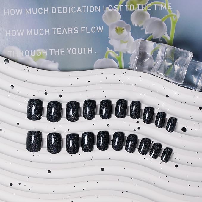 KQueenest Black Glitter Press on Nails Short Nails Glue On, Sparkle Bling Fake Nails Short, Cute Acrylic Nails Press ons, Luxury Shiny Stick on Nails For Women Festival Decoration in 24 Pcs