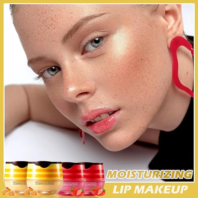 CAHIUYOA 4PCS Bee Lip Balm Honey Pot Honey & Strawberry Lip Balm Lip Mask Moisturizing Hydrating Honey Pot Lip Balm with Stick Prevention Dry & Cracked Lip Scrubs Exfoliator-VivaGrace Women