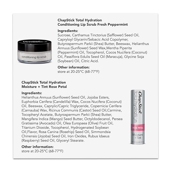 ChapStick Total Hydration Tinted Lip Balm Tubes and Lip Scrub Regimen Pack, Tinted Lip Moisturizer and Exfoliator - 0.12 Oz Lip Balm (4 Count) and 0.27 Oz Lip Scrub-VivaGrace Women