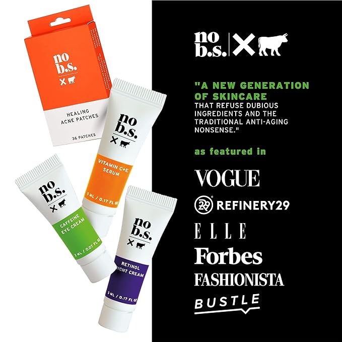 No B.S. (No Bad Stuff) Skincare Minis Kit, Vitamin C & E Serum with Hyaluronic Acid, Retinol Night Cream, Caffeine Eye Cream & Invisible, Waterproof Acne Patches, 4 Product Trial Size-VivaGrace Women