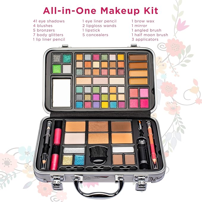 Makeup Kit Gift Set - 41 Eye Shadows, 7 Body Glitters, 1 Lip Liner Pencil, 1 Lipsticks, 4 Blushs, Eye liner pencil, 5 Concealers, 2 Lip Gloss, 5 Bronzers, Mirror-VivaGrace Women