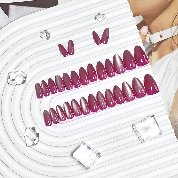 KQueenest Cat Eye Violet Pink Press on Nails Almond Shape, Glitter Fake Nails Medium, Thick Sparkly Glass Nails Press on, Shiny Acrylic Nails, Cute Bling Stick on Nails for Women, 30 Pcs