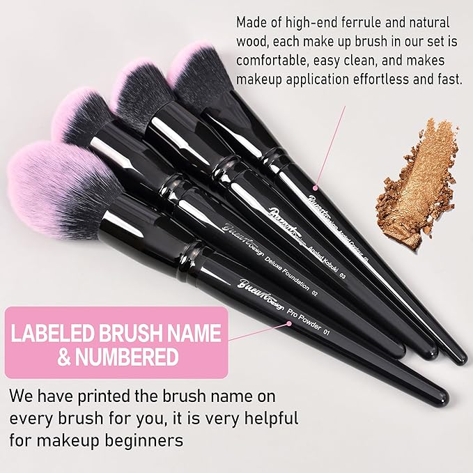 Bueart Design 18Pcs Pro Deluxe Fuchsia Pink Black Makeup Brushes set with Travel Make up Brush Holder case Foundation concealer contour Blush eyeshadow face make up brush set-VivaGrace Women