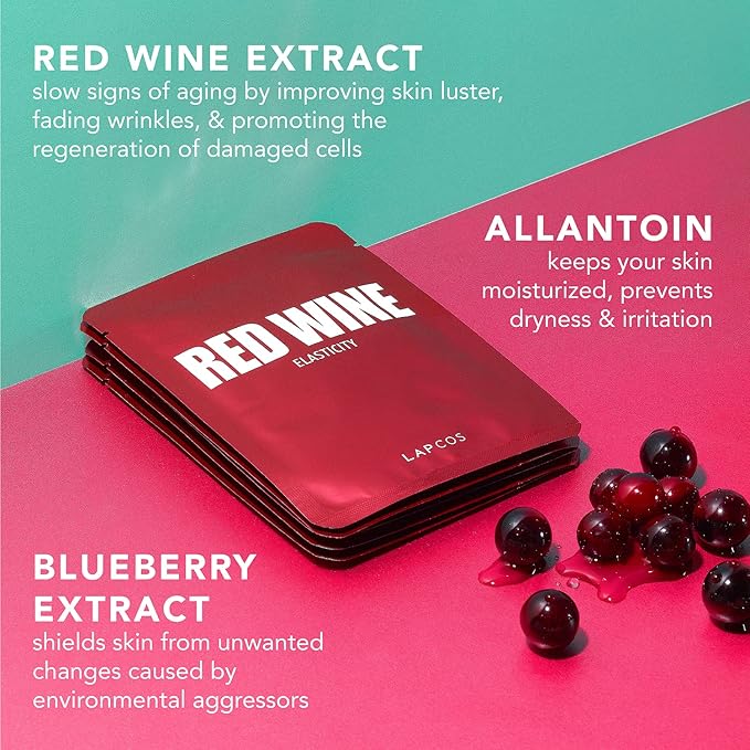 LAPCOS Red Wine Sheet Mask, Daily Face Mask to Restore and Soften Skin, Korean Beauty Favorite, 5-Pack-VivaGrace Women