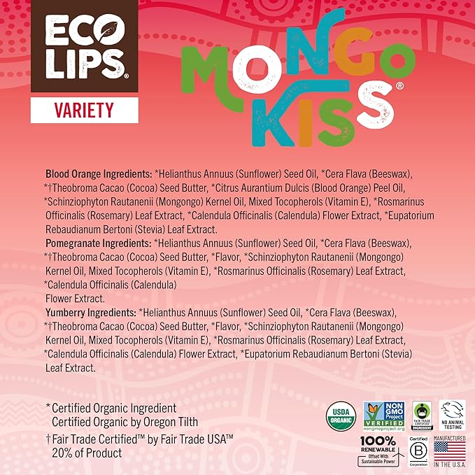Mongo Kiss Organic Lip Balm 6-Pack by Eco Lips 100% Organic Beeswax & Cocoa Butter Lip Care with Mongongo Oil - Soothe & Moisturize Dry & Cracked Lips - Made in USA. (Pomegranate, Yumberry, Blood Oran-VivaGrace Women