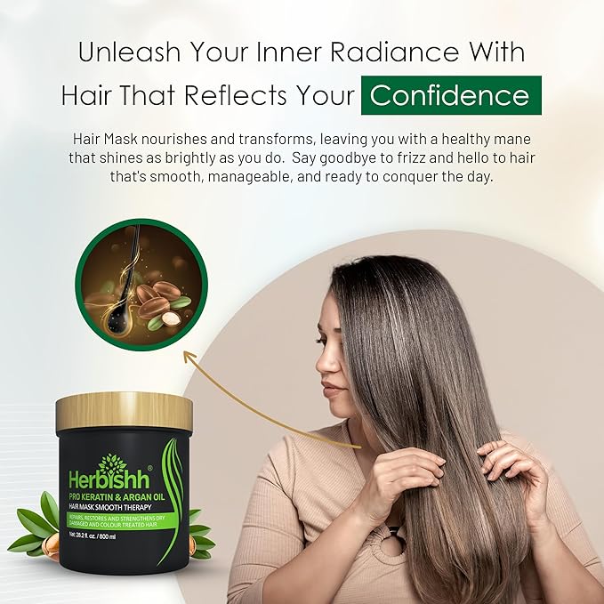 Herbishh Argan Hair Mask-Deep Conditioning & Hydration For Healthier Looking Hair- for very Dry, Weak, Stressed Out Hair, No Sulphates, No Parabens (800ML)-VivaGrace Women