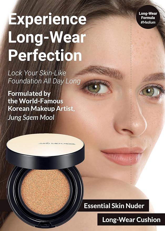 JUNG SAEM MOOL Essential Skin Nuder Longwear Cushion 0.98 Fl Oz (Medium), Refill Included, 24H Lasting Cushion Foundation with High Coverage, Semi-Matte Natural Finish, Korean Foundation Makeup-VivaGrace Women