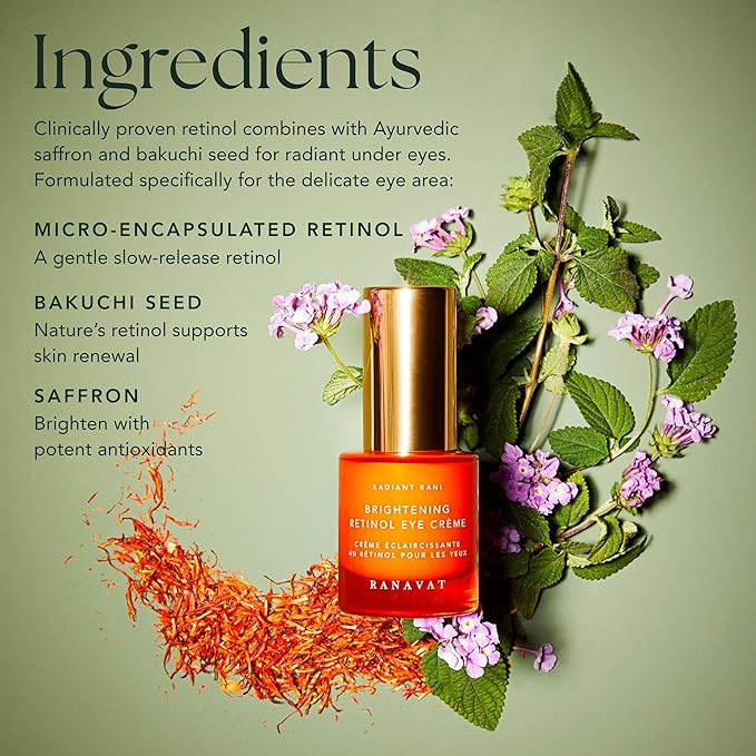 RANAVAT Brightening Retinol Eye Cream - Anti Aging Eye Cream and Dark Circle Corrector to Help Target Fine Lines - Enriched with Micro-Encapsulated Retinol, Bakuchi Seed, & Saffron (0.5 oz)-VivaGrace Women