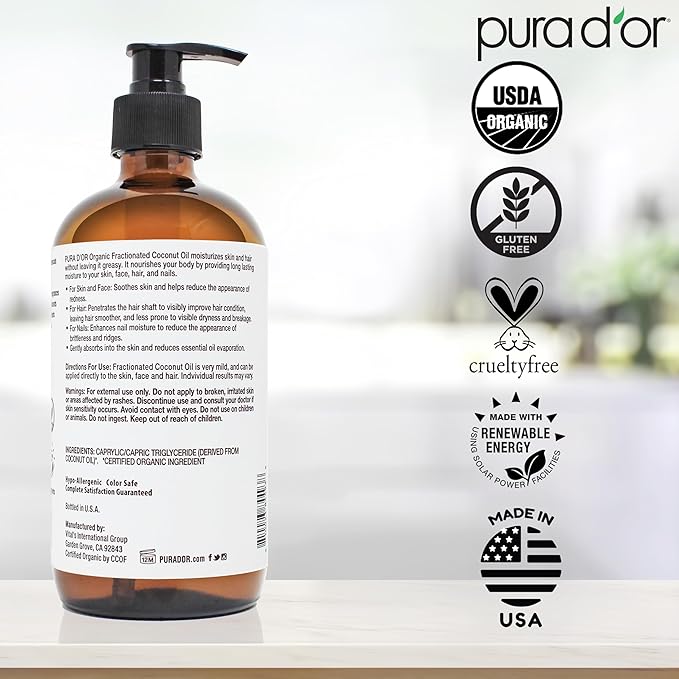 PURA D'OR 16.9 Oz ORGANIC Fractionated Coconut Oil MCT Oil (GLASS BOTTLE) 100% Pure & Natural USDA Certified Cold Pressed - Unscented, Hexane Free Moisturizer For Face, Skin & Hair Tonic - Men & Women-VivaGrace Women