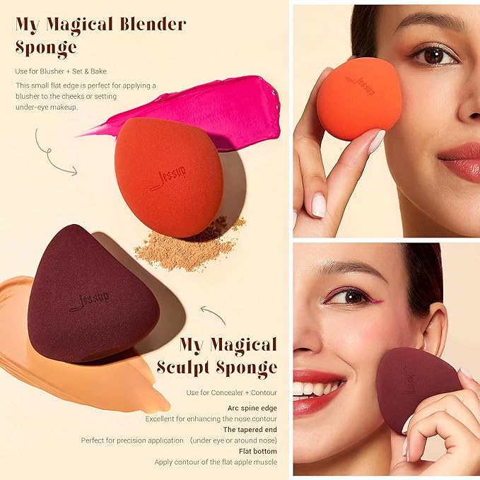 Jessup Face Makeup Brushes with Makeup Sponge, 3pcs Double Ended Makeup Brush for Foundation Contour Blush Highlight and Concealer Brush, Premium Synthetic Brush Set with Gift Box, T510-VivaGrace Women